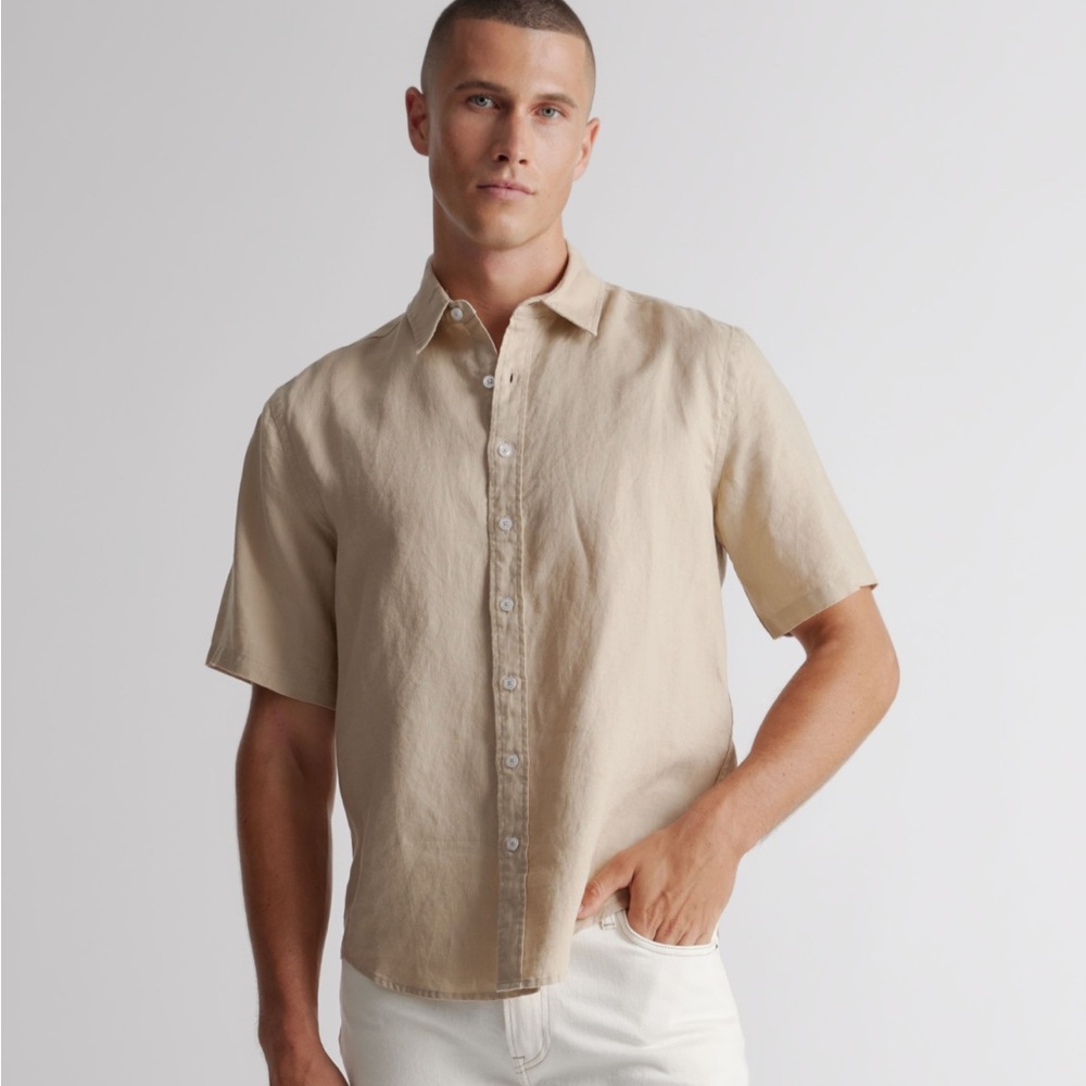 Quince 100% European Linen Relaxed Short Sleeve Shirt, Driftwood, L
